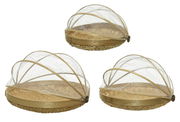 Runde Abdeckhaube aus Bambus und Netzgewebe, von oben und seitlich betrachtet, ideal zum Schutz von Lebensmitteln.
