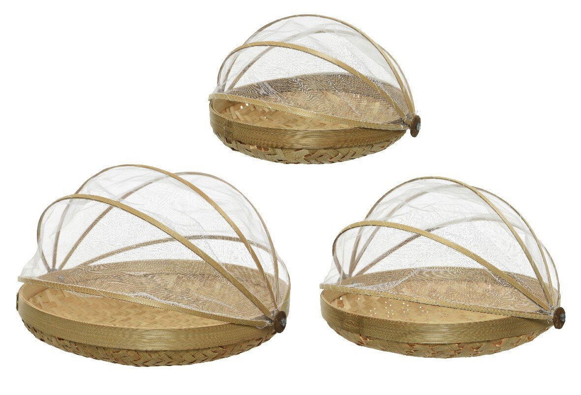 Runde Abdeckhaube aus Bambus und Netzgewebe, von oben und seitlich betrachtet, ideal zum Schutz von Lebensmitteln.