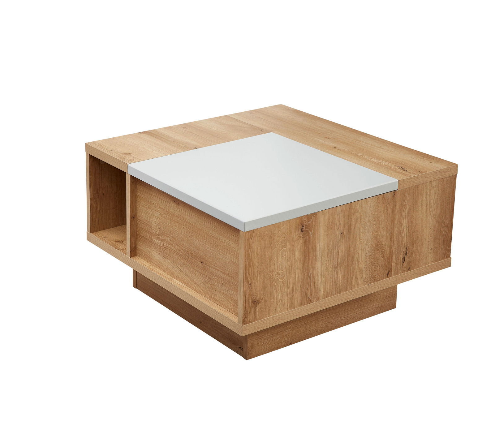 Moderner Couchtisch VAN COUVER aus Holz mit weißer Tischplatte, seitliche Perspektive