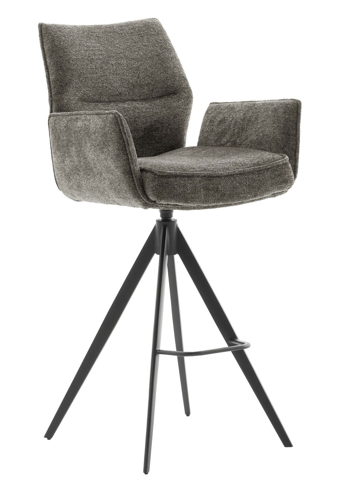 Moderner Barstuhl mit grauem Stoffbezug und schwarzem Metallgestell, seitliche Perspektive