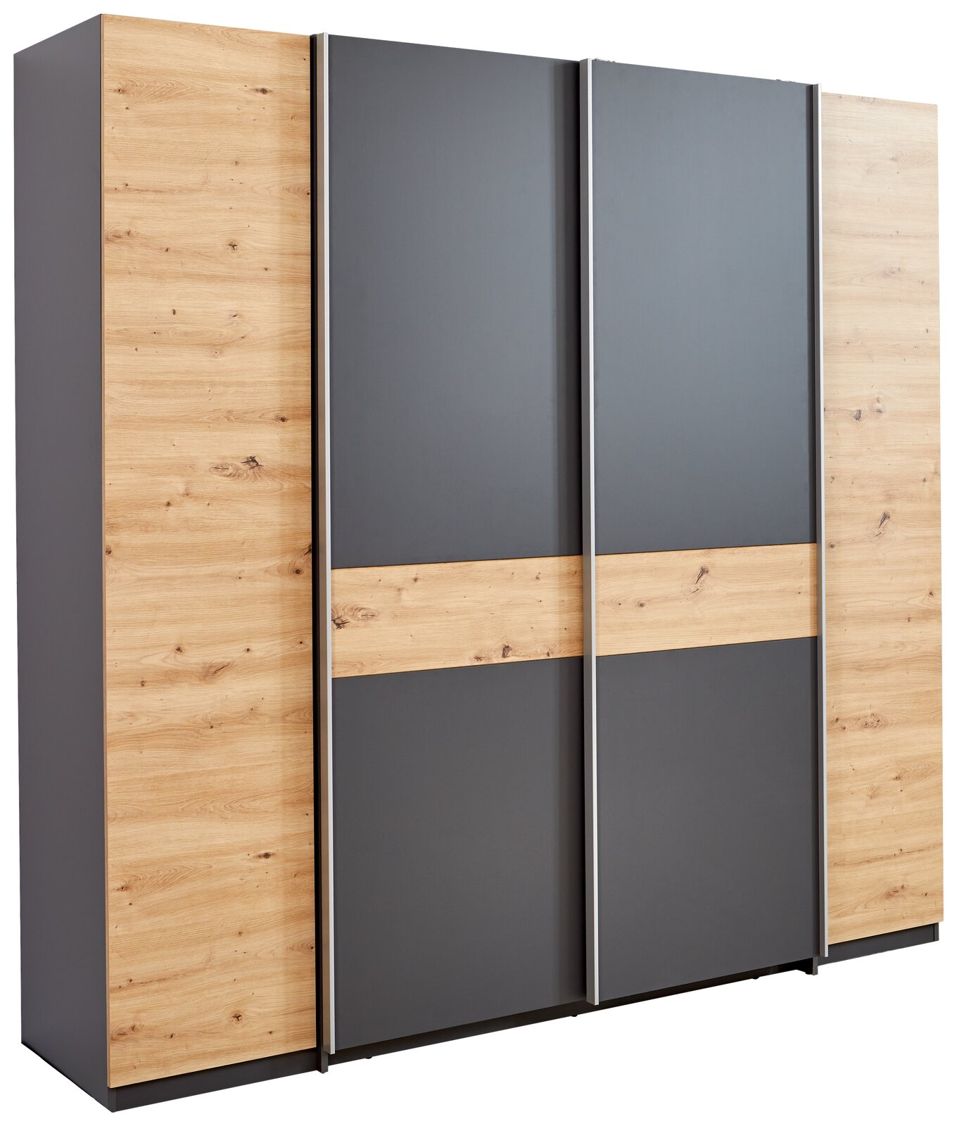 Moderner Dreh- und Schwebetürenschrank mit vier Türen in Holzoptik und grauen Elementen, seitliche Perspektive