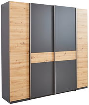 Moderner Dreh- und Schwebetürenschrank mit vier Türen in Holzoptik und grauen Elementen, seitliche Perspektive