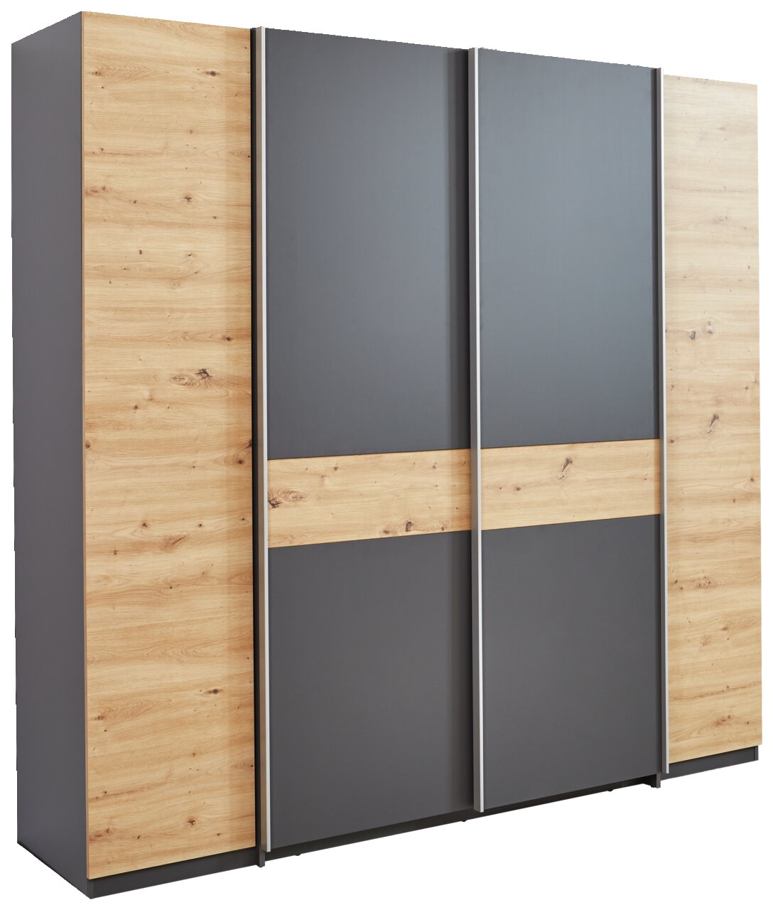 Z2 Kast met draai- en schuifdeuren, 4-deurs FABIO Moderne draai- en schuifdeurkast met vier deuren in houtlook en grijze elementen, zijaanzicht
