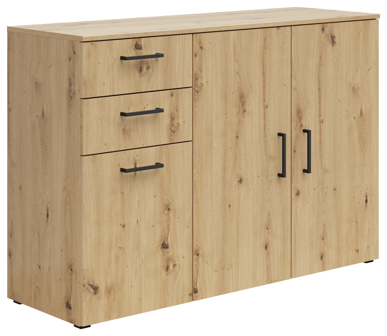 Carryhome Kommode MULTISTAURAUM Kommode aus hellem Holz mit zwei Türen und drei Schubladen, seitliche Perspektive