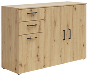 Kommode aus hellem Holz mit zwei Türen und drei Schubladen, seitliche Perspektive