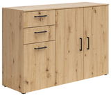 Kommode aus hellem Holz mit zwei Türen und drei Schubladen, seitliche Perspektive