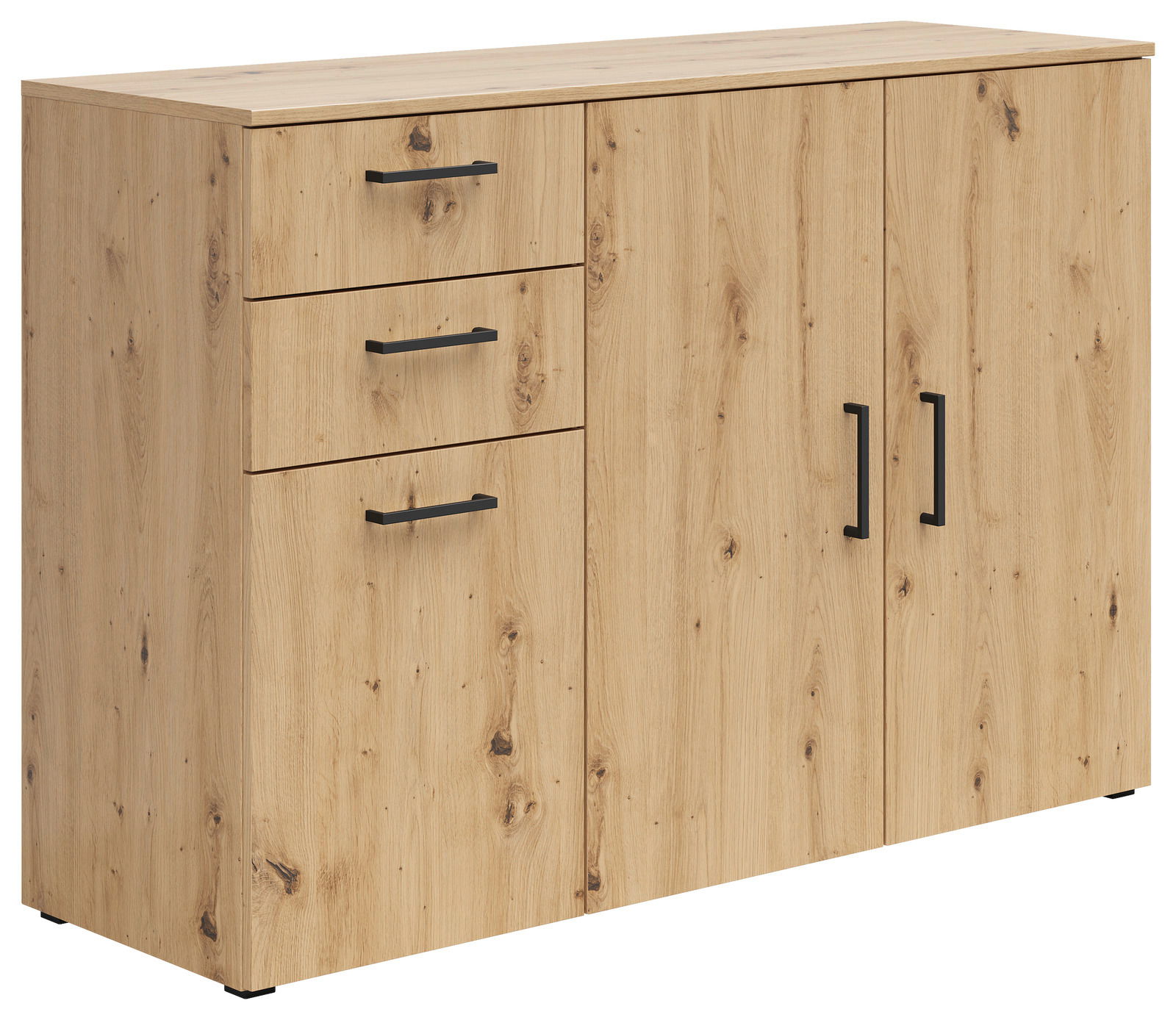 Kommode aus hellem Holz mit zwei Türen und drei Schubladen, seitliche Perspektive