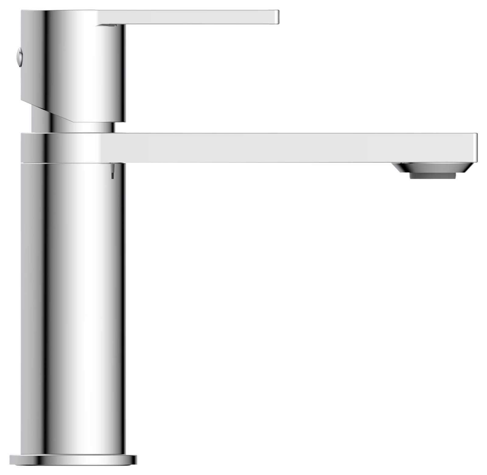 Moderne Waschtischarmatur in seitlicher Ansicht mit schlankem, zylindrischem Design und geradem Auslauf.