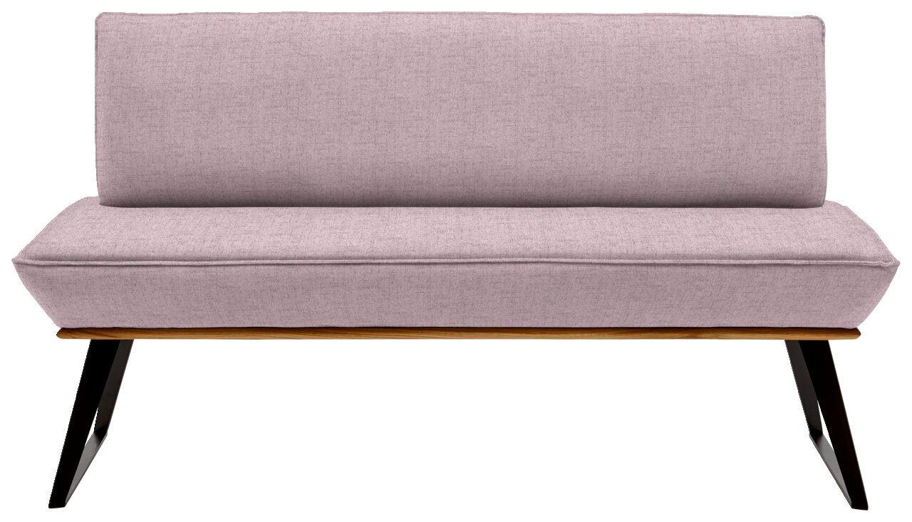 Violette Bank mit Stoffbezug und schwarzen Metallbeinen, Frontalansicht