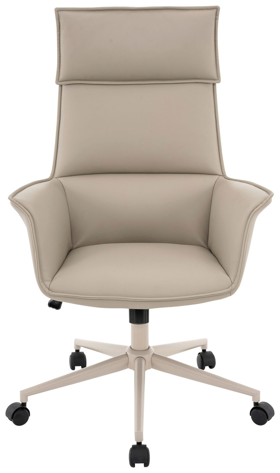 Beiger Chefsessel mit hoher Rückenlehne und Armlehnen, auf Rollen, Frontalansicht