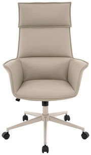 Beiger Chefsessel mit hoher Rückenlehne und Armlehnen, auf Rollen, Frontalansicht