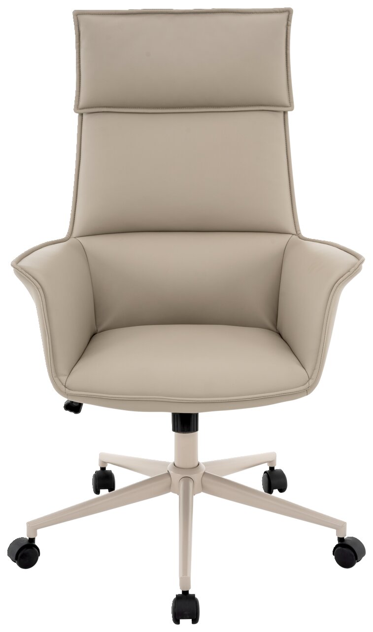 Beige directiestoel met hoge rugleuning en armleuningen, op wieltjes, vooraanzicht