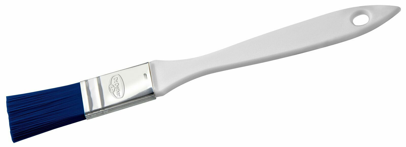 Backpinsel mit blauem Borstenkopf und weißem Griff, seitliche Ansicht