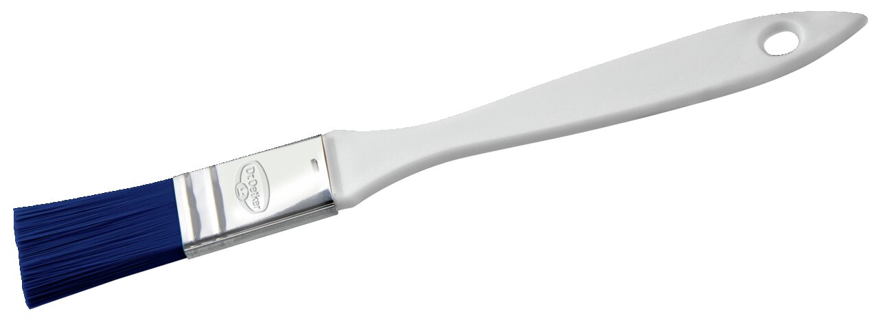 Backpinsel mit blauem Borstenkopf und weißem Griff, seitliche Ansicht