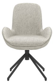 Frontansicht eines modernen Armlehnstuhls mit grauem Stoffbezug und schwarzem Metallgestell, Modell Musterring MR HELVIN.