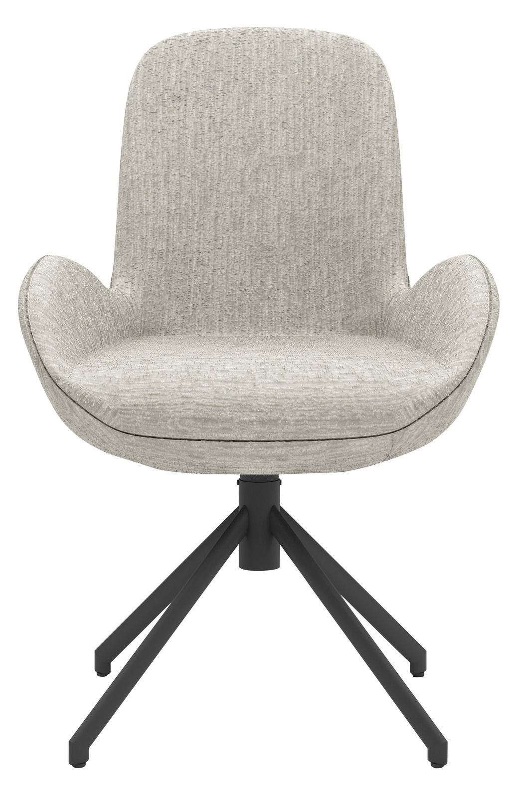 Frontansicht eines modernen Armlehnstuhls mit grauem Stoffbezug und schwarzem Metallgestell, Modell Musterring MR HELVIN.