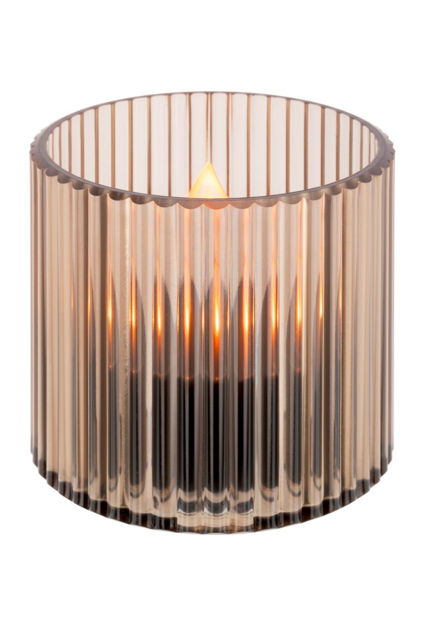 Runde Solarleuchte mit geriffeltem Glasdesign, seitliche Perspektive