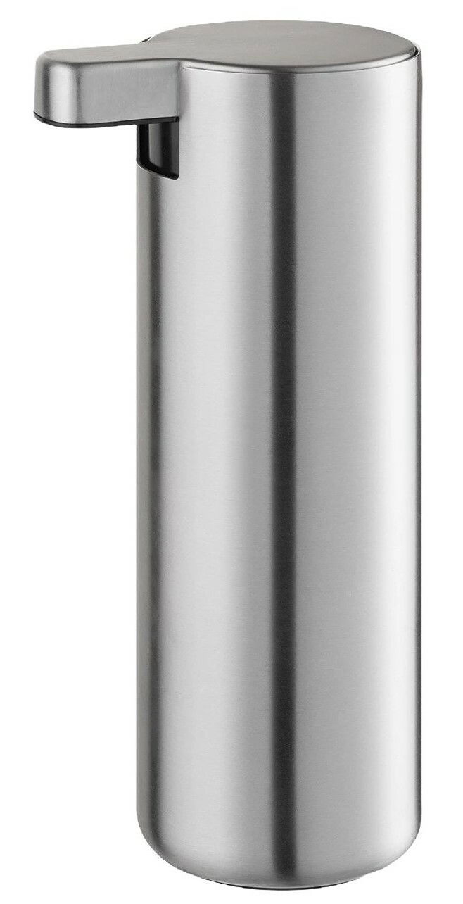 Moderner zylindrischer Seifenspender aus Edelstahl, seitliche Perspektive