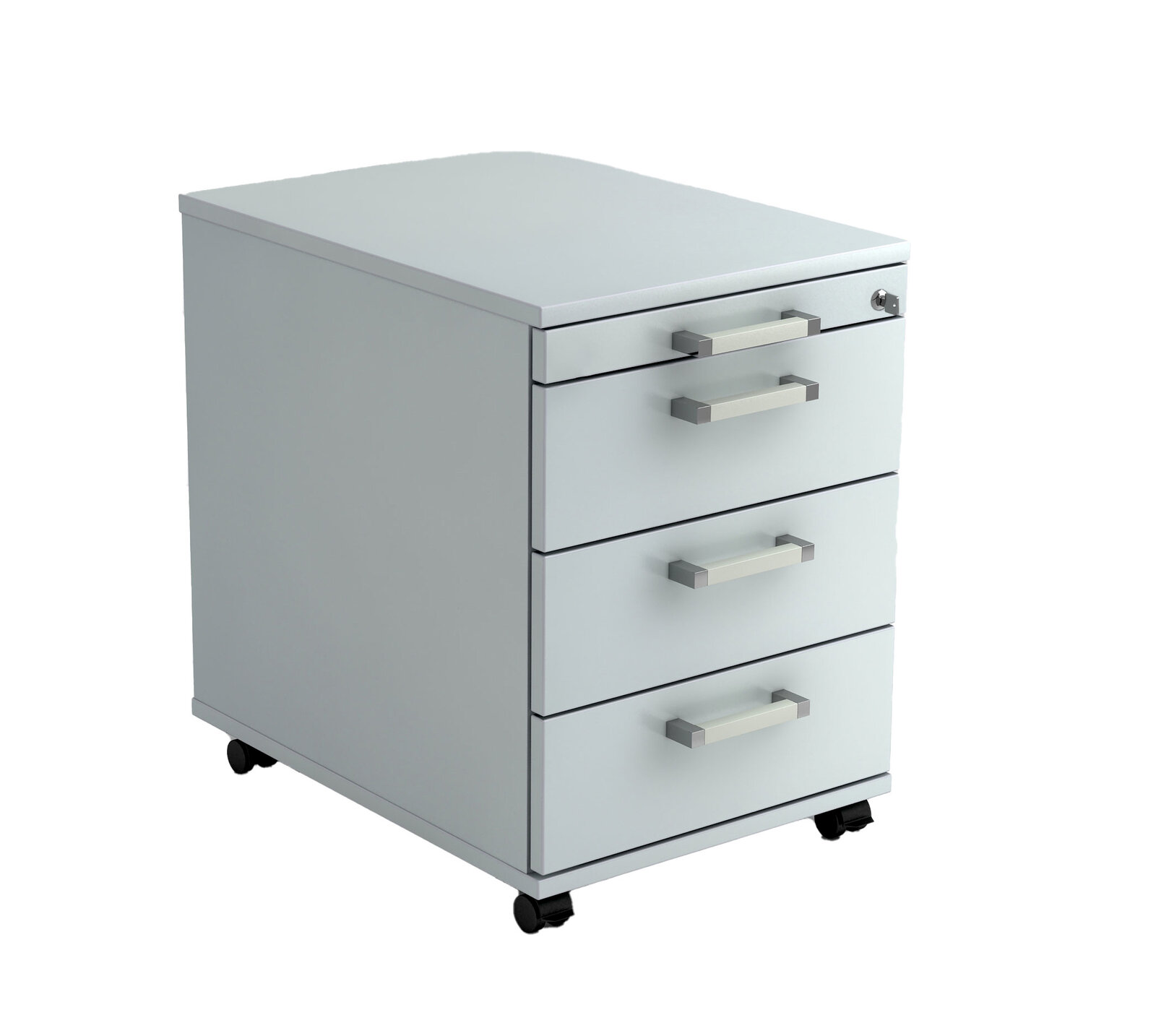 E-Serie Rollcontainer E-PREMIUM Rollcontainer mit drei Schubladen und Rollen, seitliche Perspektive