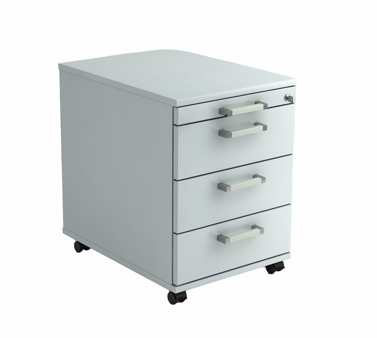 E-Serie Rollcontainer E-PREMIUM Rollcontainer mit drei Schubladen und Rollen, seitliche Perspektive