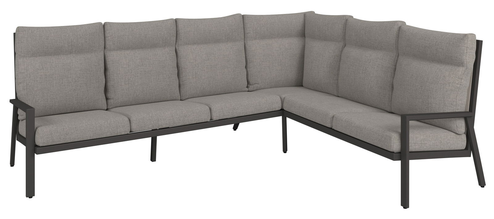 Graue Loungeecke mit Metallrahmen, seitliche Perspektive