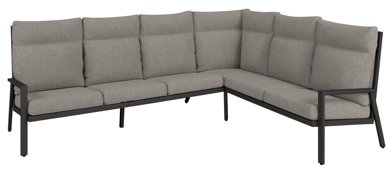 Graue Loungeecke mit Metallrahmen, seitliche Perspektive