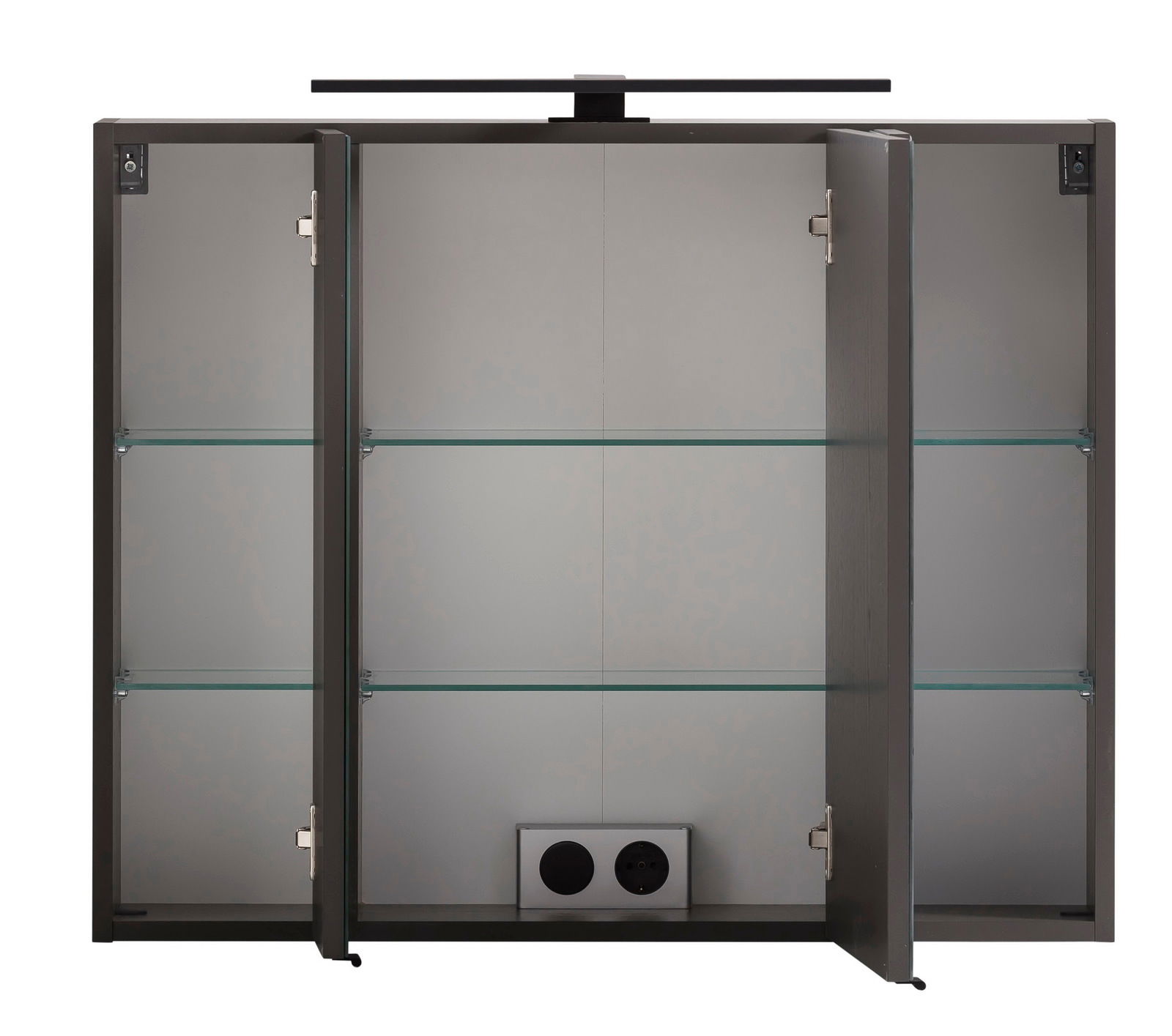 Spiegelschrank mit geöffneten Türen, Glasregalen und Steckdose, Frontalansicht