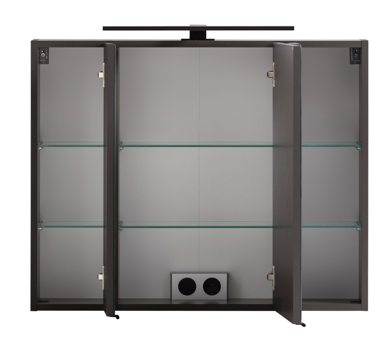 Spiegelschrank mit geöffneten Türen, Glasregalen und Steckdose, Frontalansicht