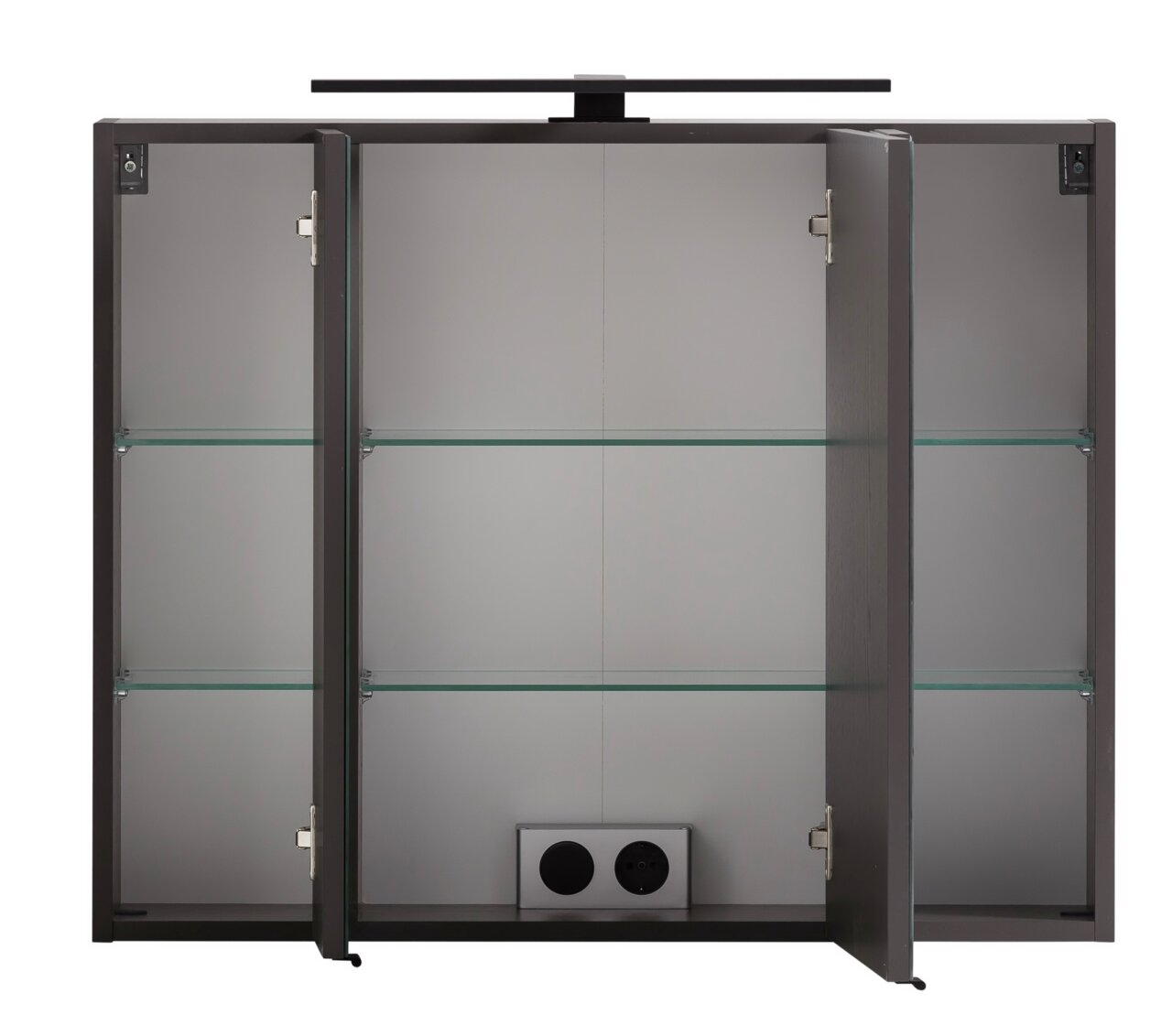 Spiegelschrank mit geöffneten Türen, Glasregalen und Steckdose, Frontalansicht
