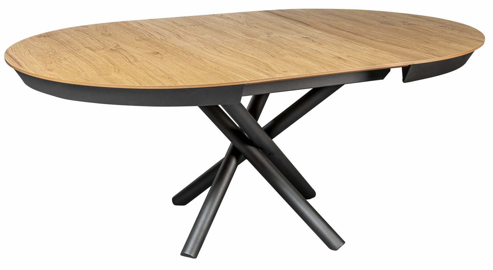 Moderner Esstisch mit ovaler Holzplatte und schwarzem Kreuzgestell, seitliche Perspektive