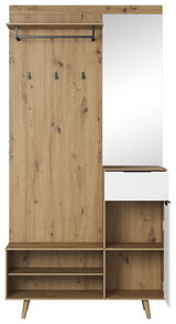 Kompaktgarderobe aus Holz mit Spiegel, Haken und Regalen, Frontalansicht
