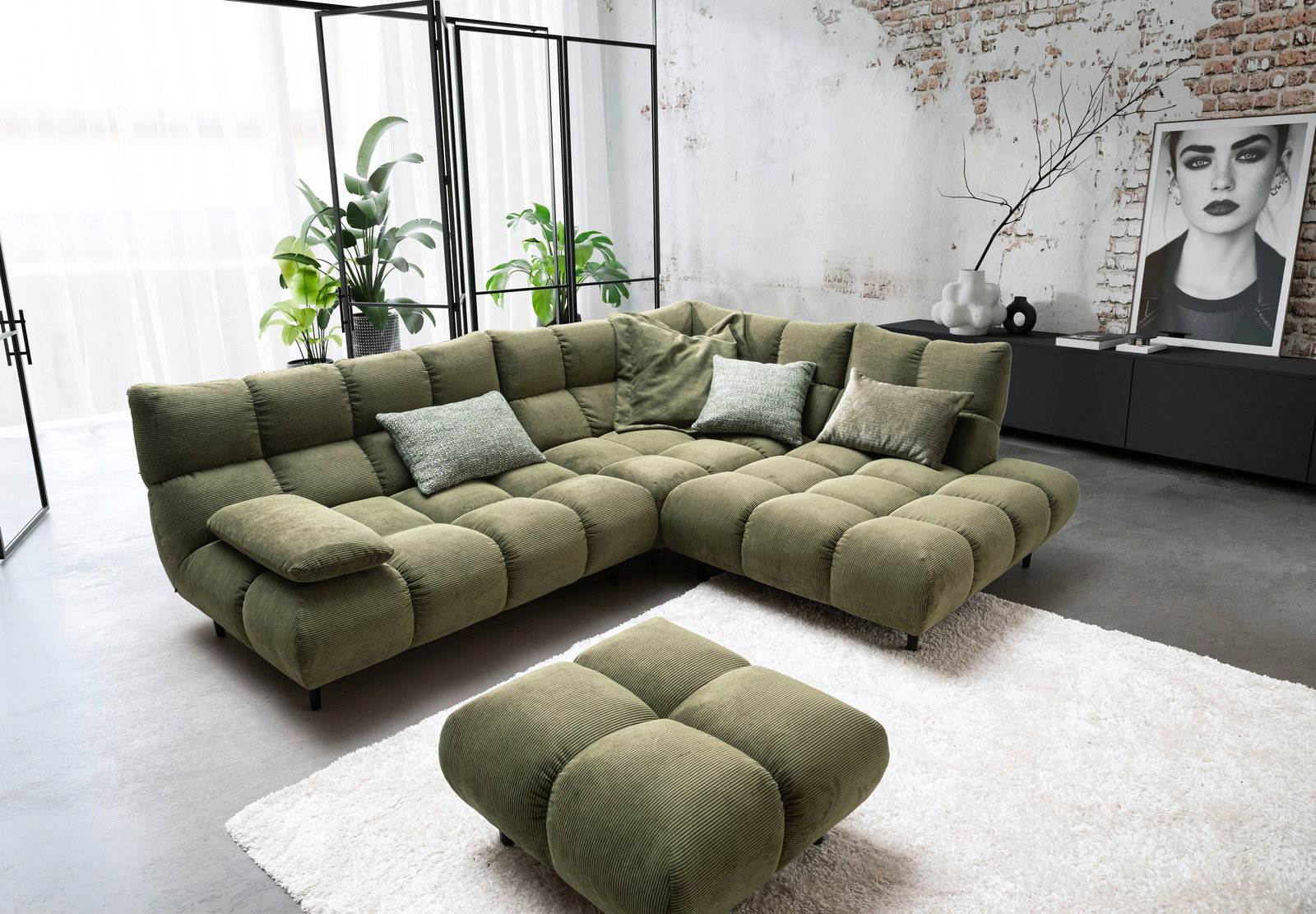 Pure Home Lifestyle Hocker quadratisch Grüne Eckgarnitur mit Hocker in modernem Wohnzimmer, seitliche Perspektive