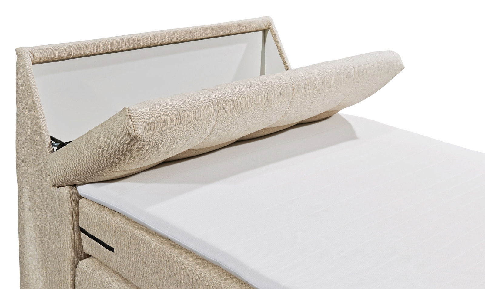 Beige Boxspringbett mit verstellbarem Kopfteil, seitliche Perspektive