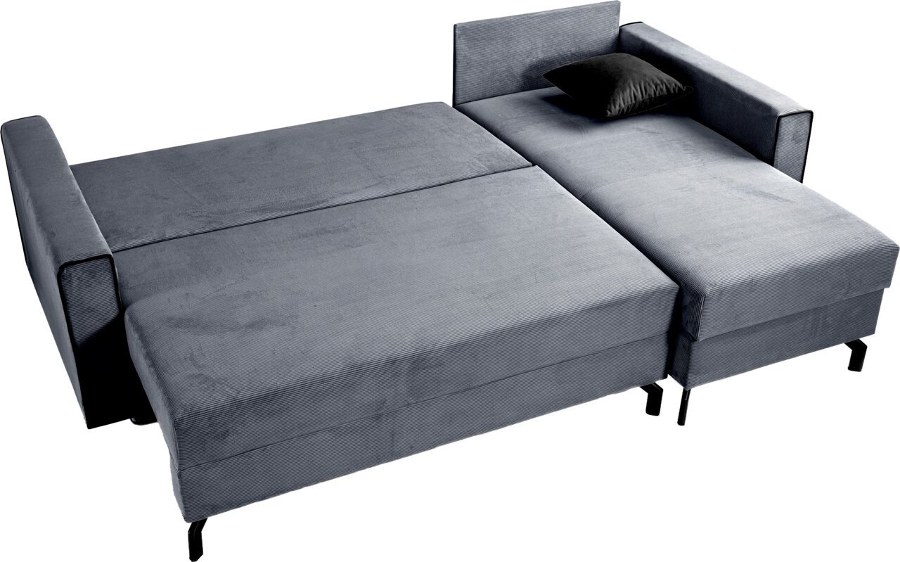 Graues Schlafsofa in L-Form mit rechter Ausrichtung, von oben betrachtet.