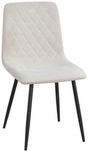 Moderner Stuhl mit hellgrauem, gestepptem Stoffbezug und schwarzen Metallbeinen, seitliche Perspektive