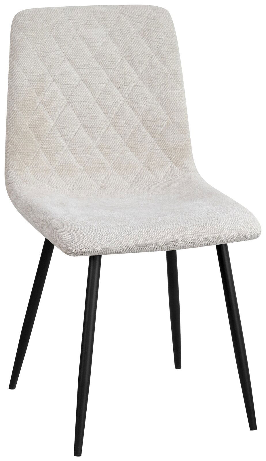 Moderner Stuhl mit hellgrauem, gestepptem Stoffbezug und schwarzen Metallbeinen, seitliche Perspektive
