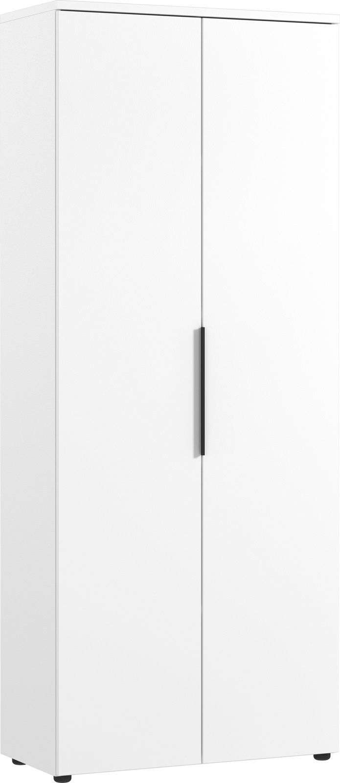 Weißer Aktenschrank mit zwei Türen und schwarzem Griff, Frontalansicht