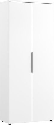 Weißer Aktenschrank mit zwei Türen und schwarzem Griff, Frontalansicht