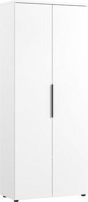 Weißer Aktenschrank mit zwei Türen und schwarzem Griff, Frontalansicht