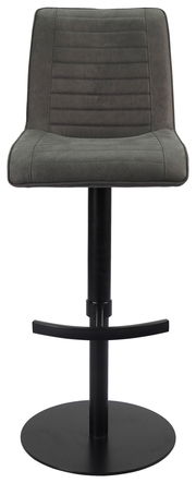 Moderner Barstuhl in Grau mit gepolsterter Rückenlehne und schwarzem Metallfuß, Frontalansicht