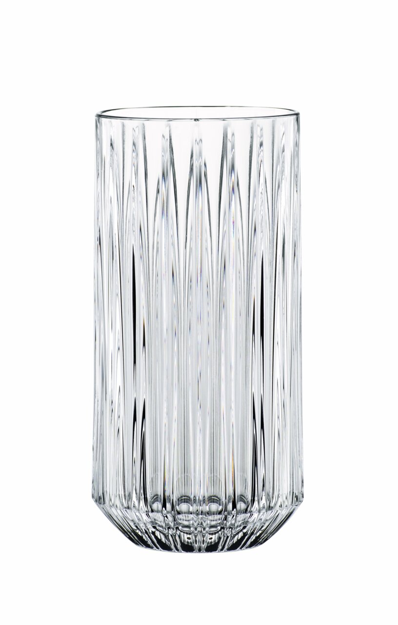 Klarglas-Longdrinkglas mit vertikalem Rillenmuster, frontale Ansicht