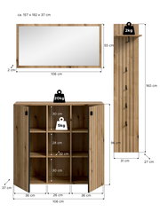 Maßgrafik eines Holz-Garderobenmöbel-Sets: rechteckiger Wandspiegel (ca. 106 x 55 cm) mit Holzrahmen sowie hoher Garderobenpaneel (160 x 31 x 27 cm) mit Ablage; darunter Schuh-/Sideboard mit zwei geöffneten Türen und Fächern (106 x 96 x 37 cm), Frontansic