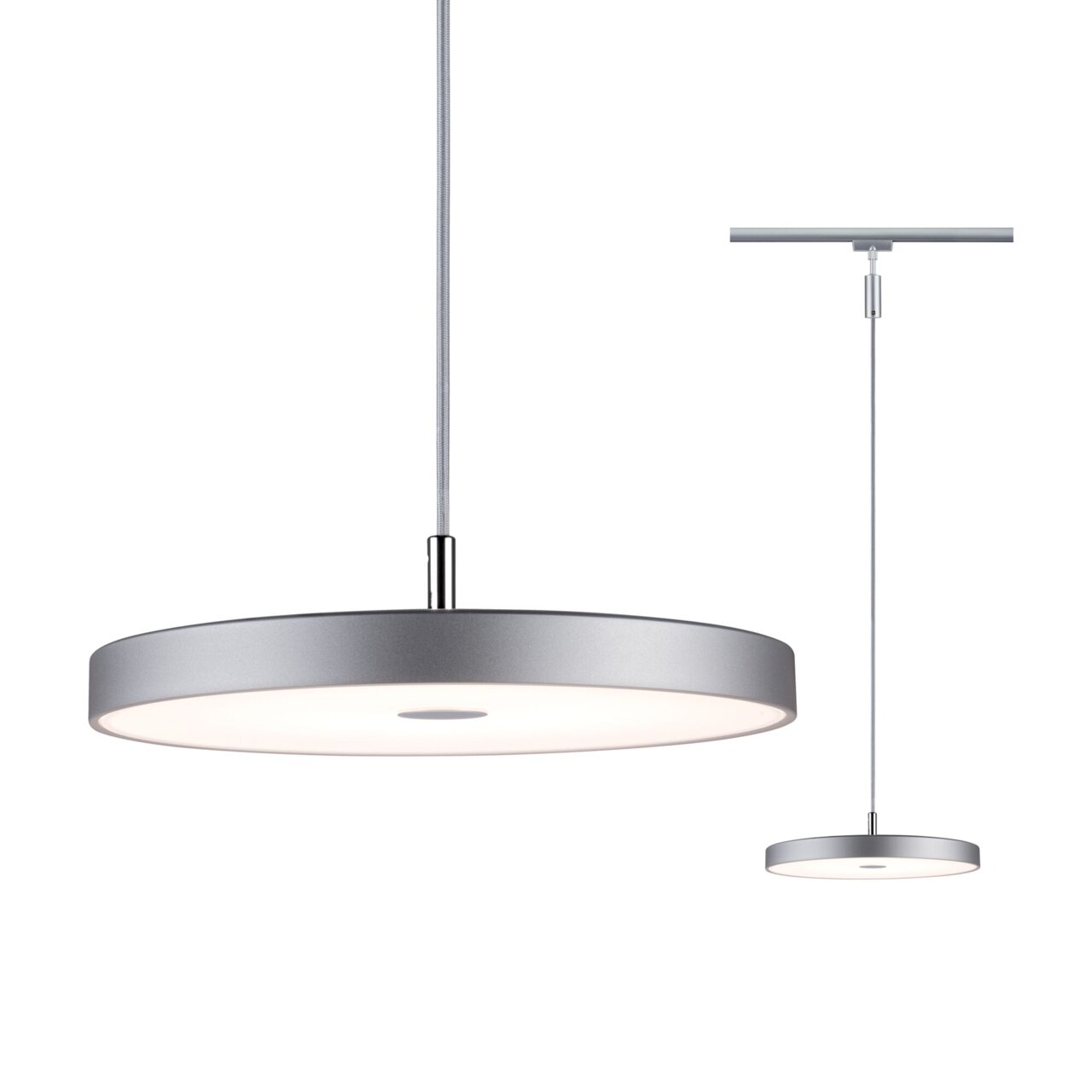 Moderne, runde Pendelleuchte in Silber, von der Seite betrachtet, mit schlankem Design und dezentem Kabel.