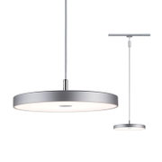 Moderne, runde Pendelleuchte in Silber, von der Seite betrachtet, mit schlankem Design und dezentem Kabel.