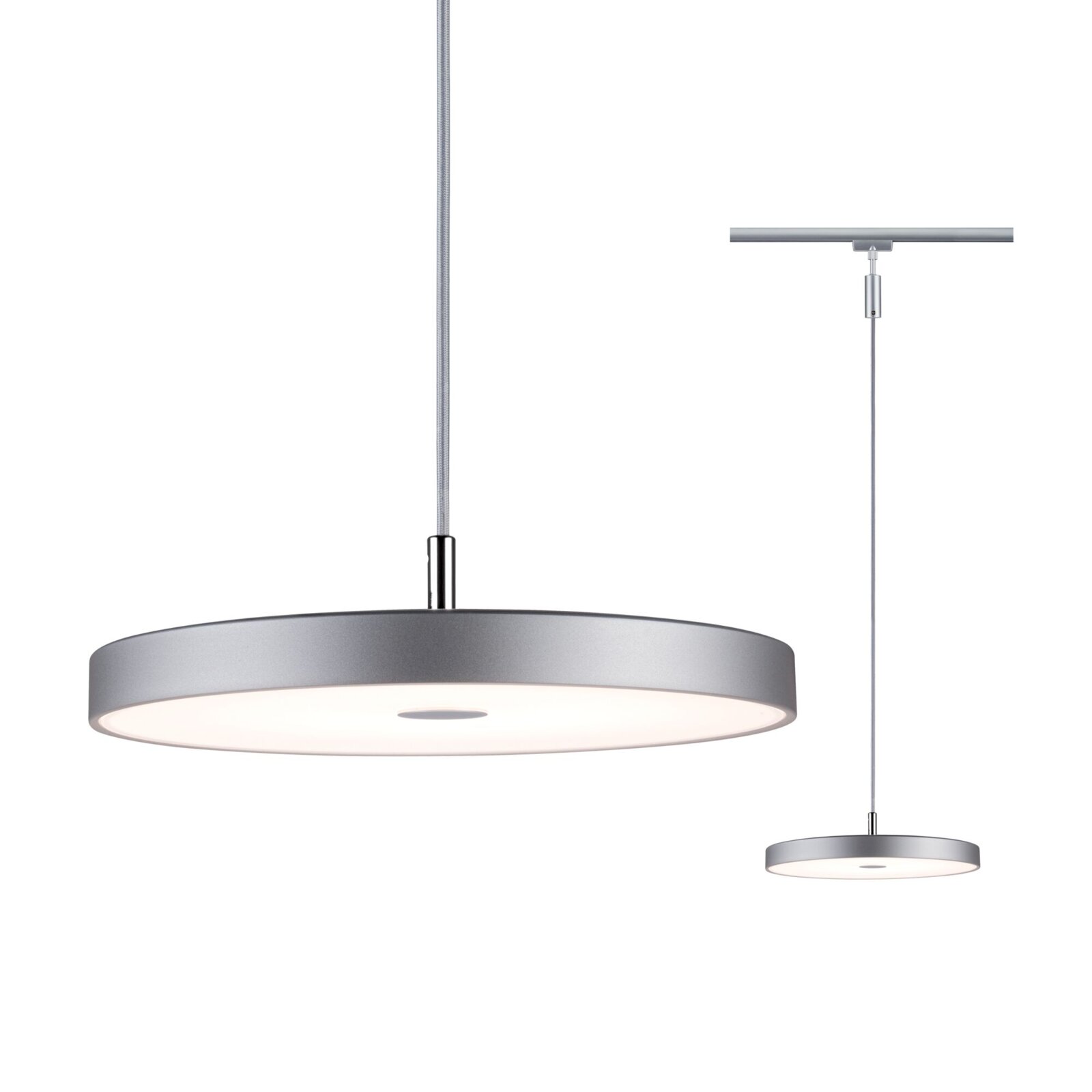 Moderne, runde Pendelleuchte in Silber, von der Seite betrachtet, mit schlankem Design und dezentem Kabel.