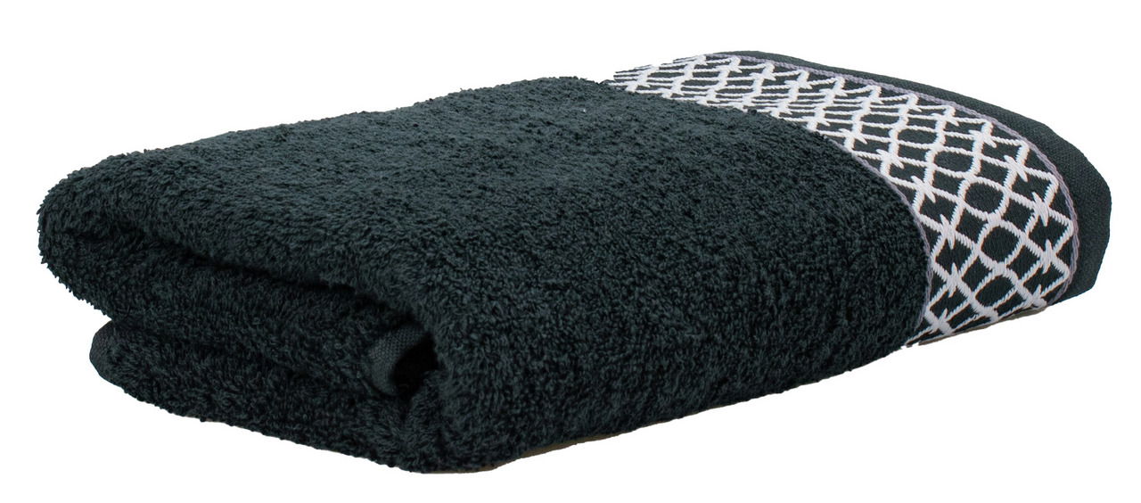 Schwarzes Handtuch mit dekorativem Muster, seitlich gefaltet.