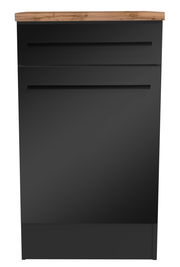Moderner Unterschrank in Schwarz mit Holzplatte, Frontalansicht