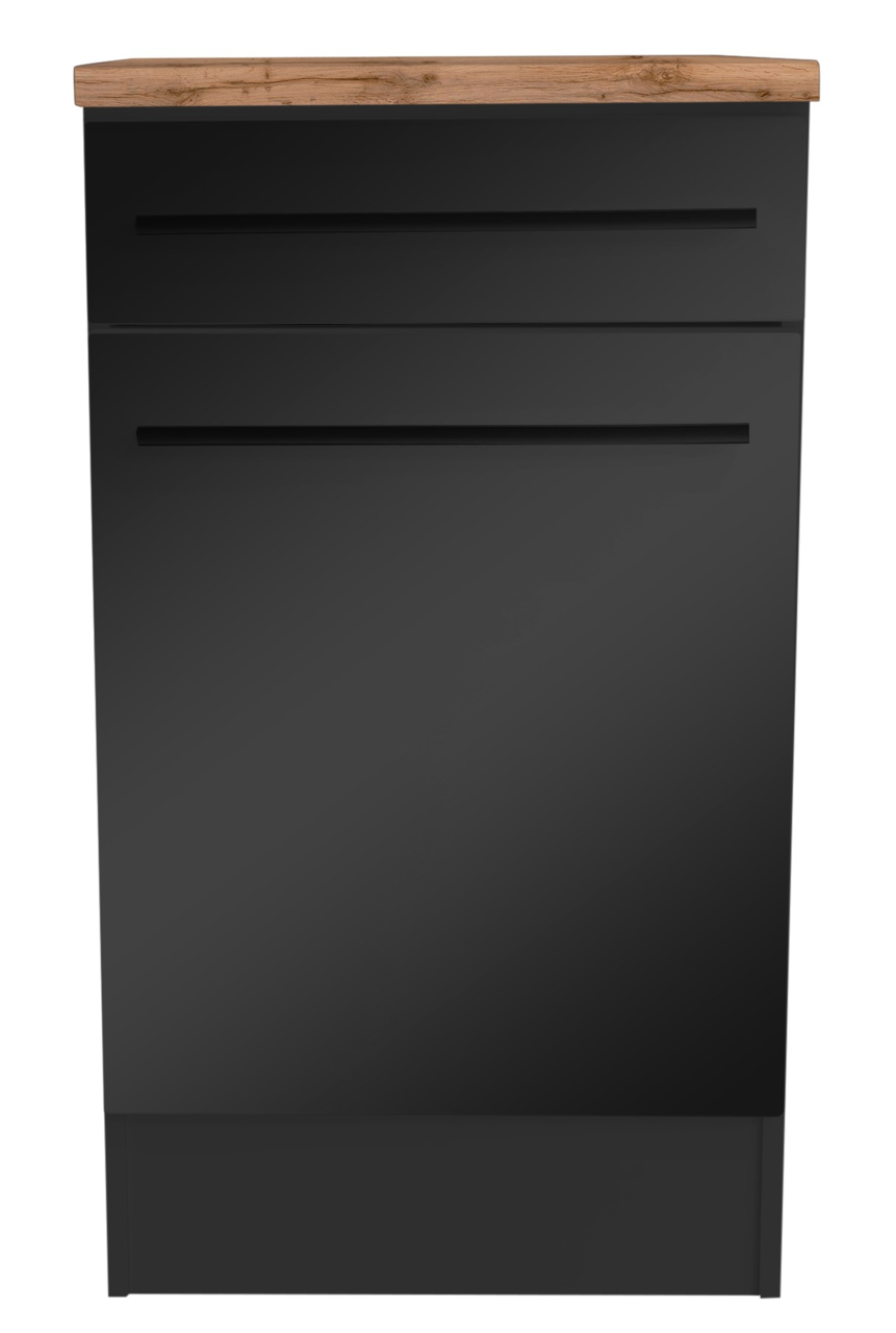 Moderner Unterschrank in Schwarz mit Holzplatte, Frontalansicht