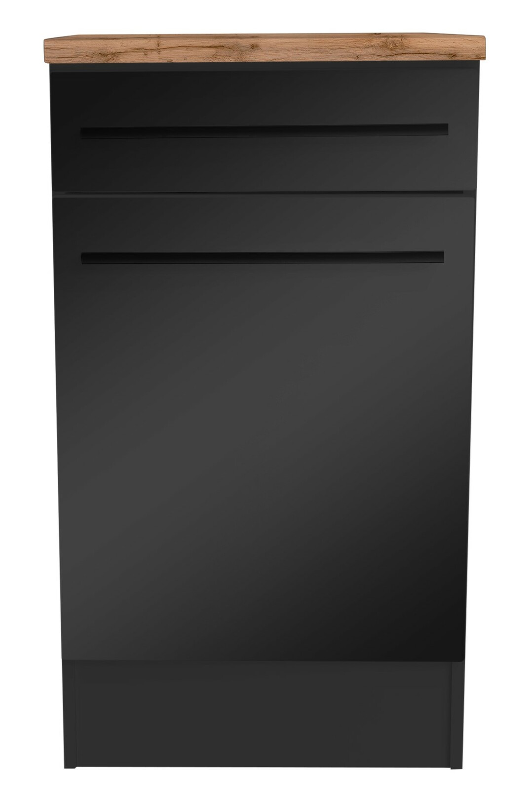 Moderner Unterschrank in Schwarz mit Holzplatte, Frontalansicht