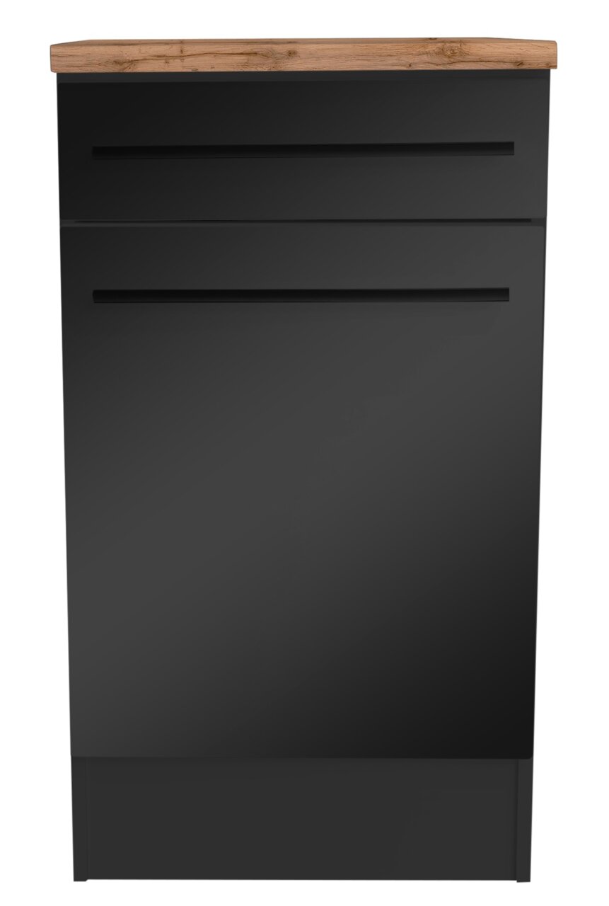 Moderner Unterschrank in Schwarz mit Holzplatte, Frontalansicht
